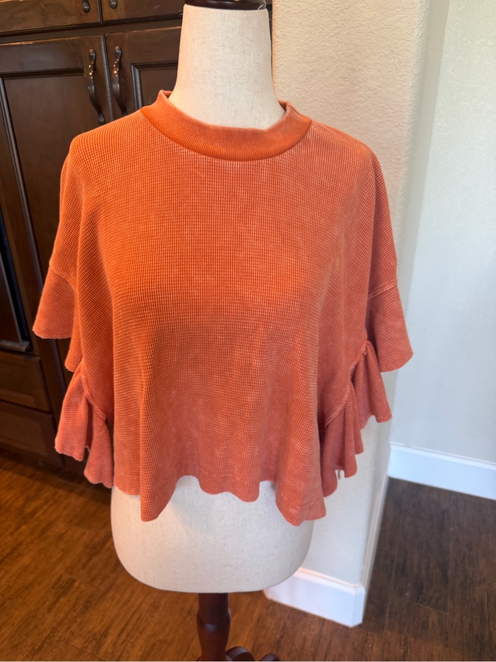 Altared State orange/burnt-rust waffle knit crop top tiered ruffle sleeves